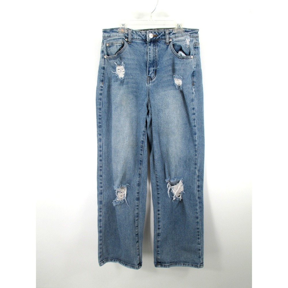 ALMOST FAMOUS Wide Leg Jeans Women 7 Distressed Blue Denim Relaxed High Rise